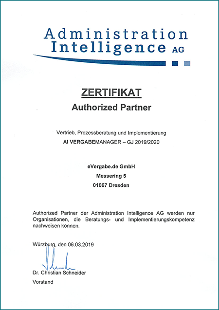 Zertifikat - evergabe.de ist Authorized Partner der Administration Intelligence GmbH