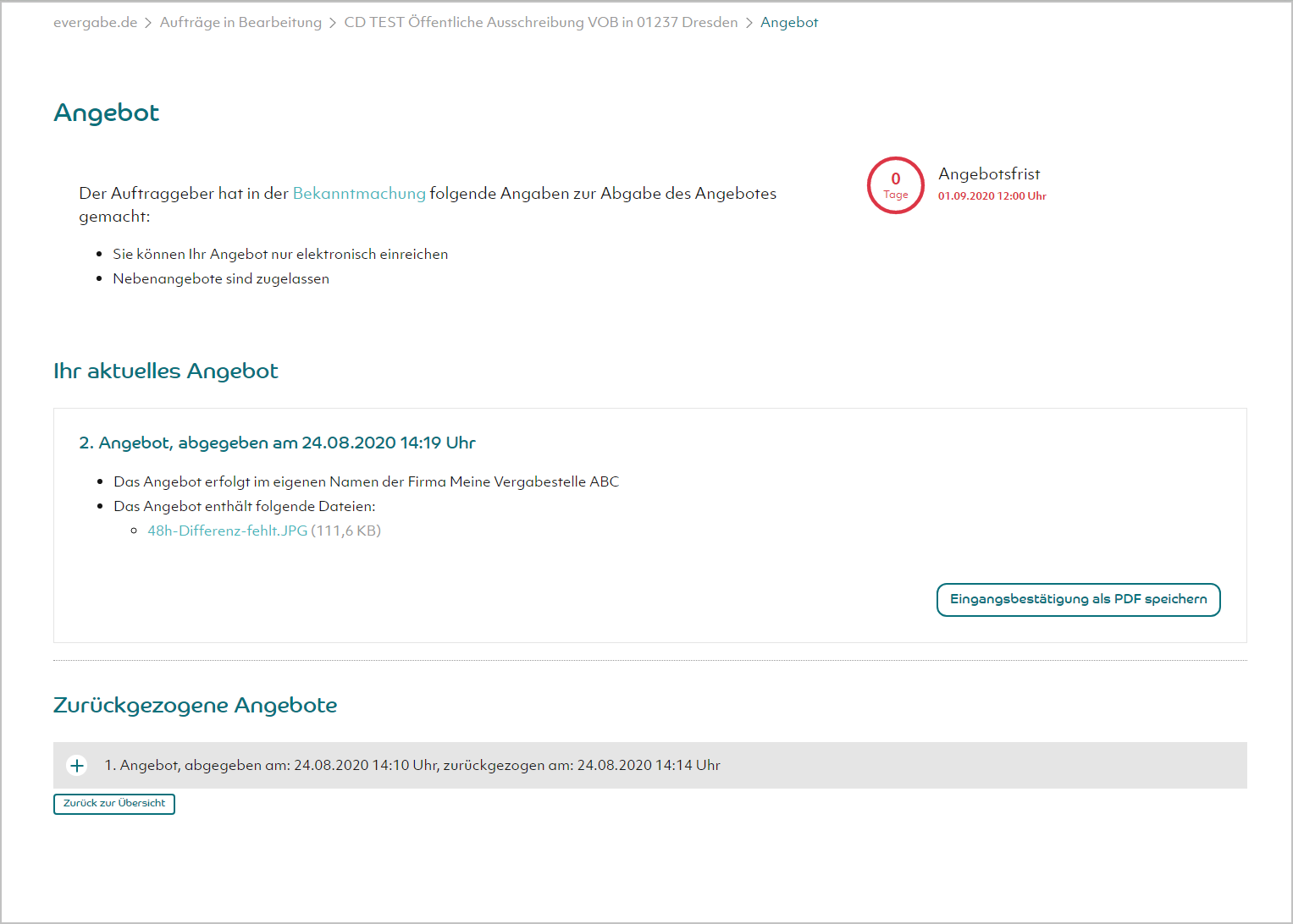 Screenshot Angebotsabgabe auf evergabe.de