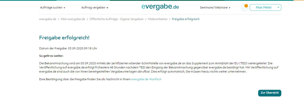 Screenshot Weiterleitung an TED auf evergabe.de, Freigabe der Ausschreibung erfolgreich