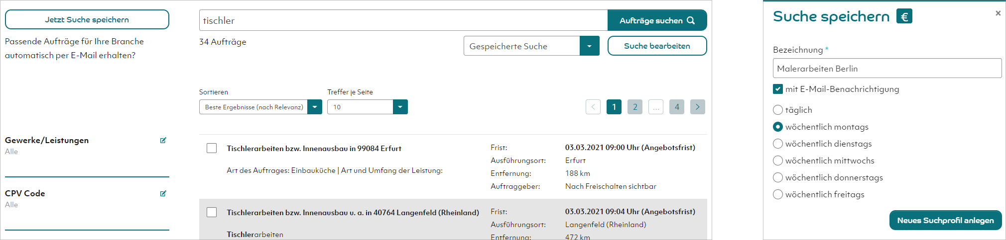Screenshot Benutzeroberfläche Ausschreibungssuche von evergabe.de