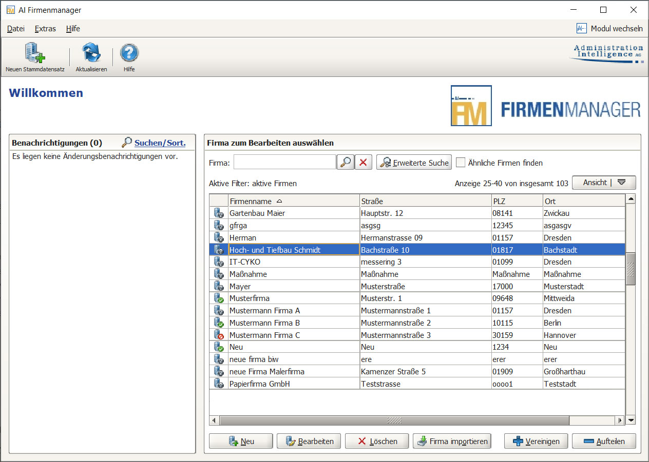 Screenshot der Startseite vom AI Firmenmanager