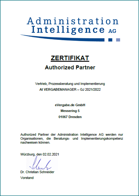 Zertifikat zum Authorized Partner der Administration Intelligence AG, Zertifizierung 