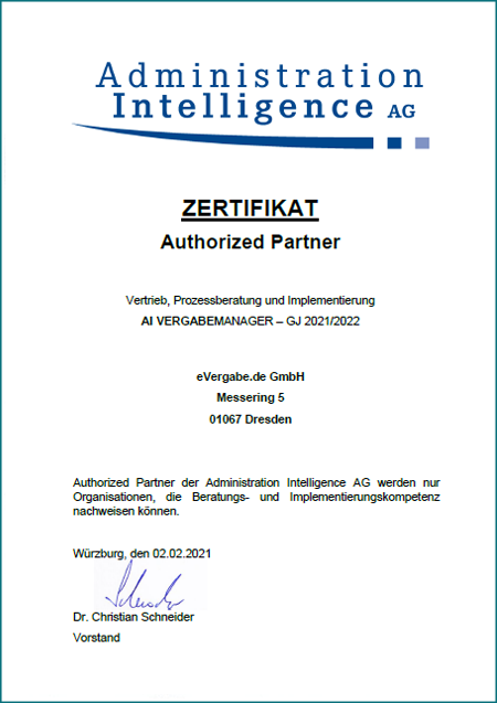 Zertifikat zum Authorized Partner der Administration Intelligence AG, Zertifizierung