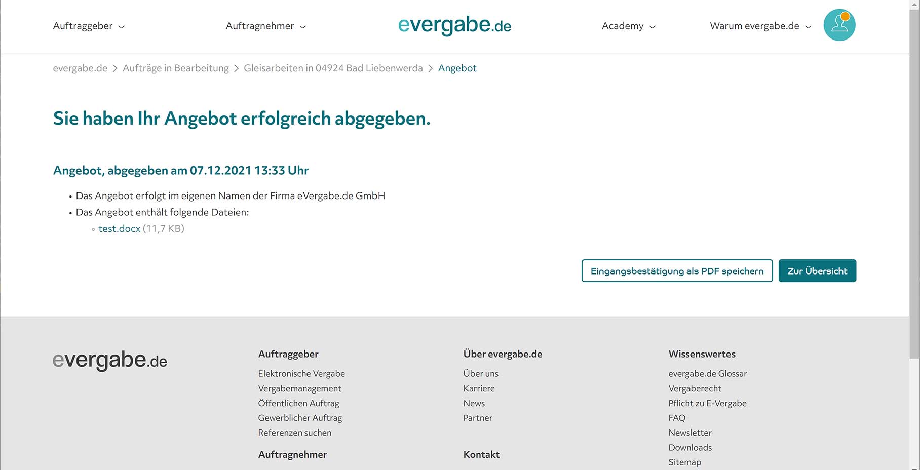 Screenshot elektronische Angebotsabgabe bei evergabe.de, Erfolgreiche Angebotsabgabe