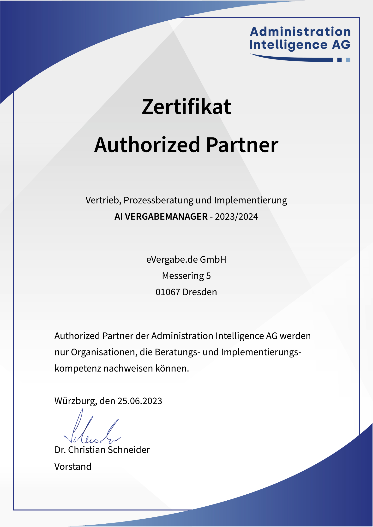 Zertifikat Authorized Partner